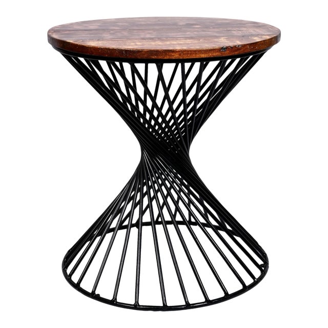 Industrial Accent Table With Reclaimed Wood Round Top and Iron Base For Sale