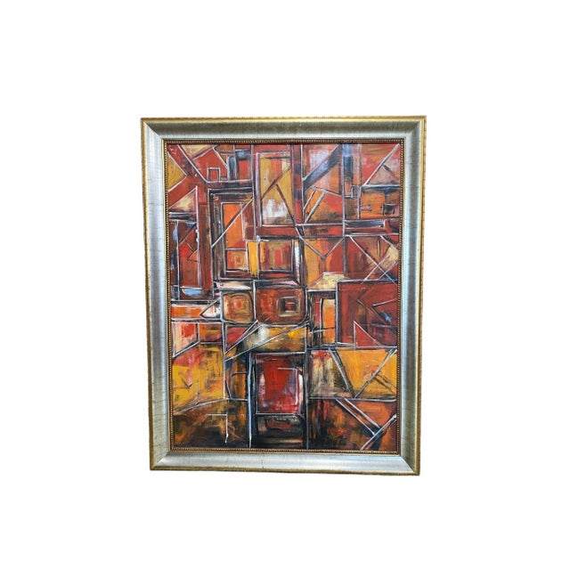 Acrylic on Canvas Abstract Signed Yjr 54.5" H "Les Fenêtres De Manhattan " in Vintage Frame For Sale - Image 11 of 12