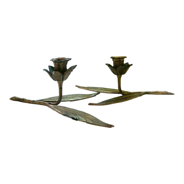 Vintage Brass Lotus Flower Candle Holders Tablescape With Leaf Bases - A Pair For Sale