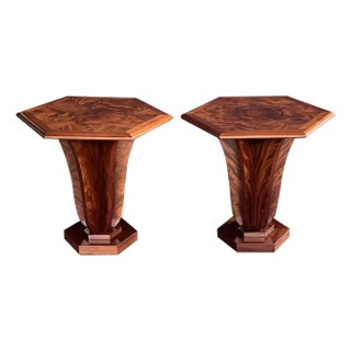 Pierre Chareau Inspired Pair Art Deco Style Mahogany Hexagonal Tables For Sale