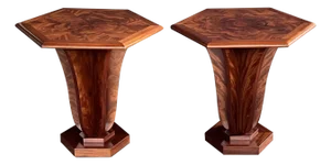 Pierre Chareau Inspired Pair Art Deco Style Mahogany Hexagonal Tables