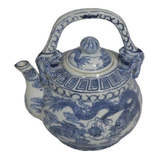 1980s Blue and White Dragon Porcelain Tea Pot For Sale