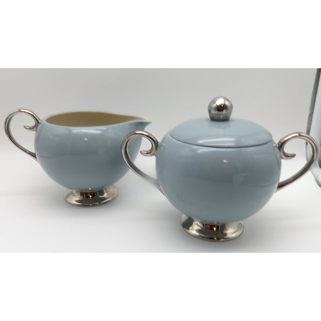 Vintage Flintridge China California Blue W Platinum Borders Lidded Sugar Bowl & Creamer For Sale In Dallas - Image 6 of 8