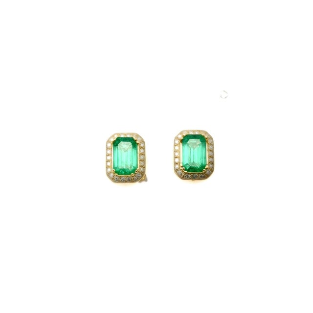 Metal Natural Emerald Diamond Stud Earrings 14k Y Gold 1.85 TCW Certified For Sale - Image 7 of 14