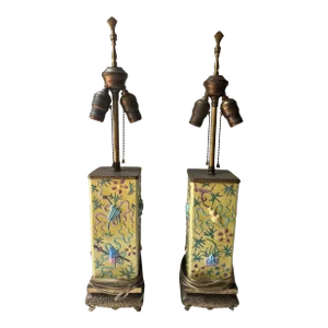 Pair Early 20th Century Chinese Yellow Enameled Porcelain Vases Mounted as Lamps, Brass Mounts