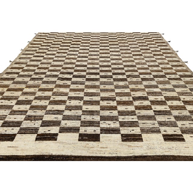 Modern Moroccan Style Checkerboard Wool Rug in Natural Ivory and Chocolate Brown For Sale - Image 9 of 11