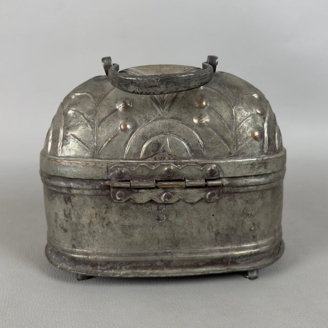 Vintage Turkish Ethnic Embossed Silver-Plated Copper Jewelry Box For Sale - Image 3 of 11