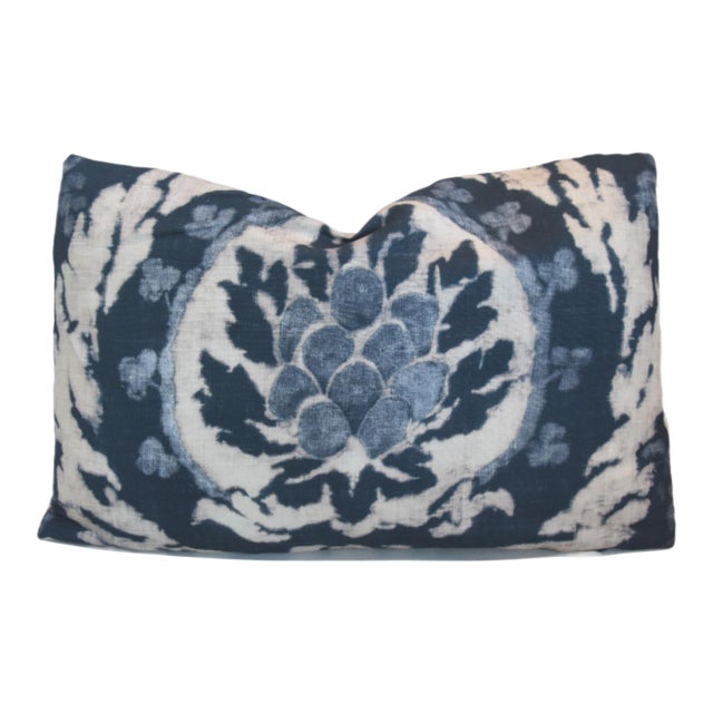 Designer Indigo Blue & White Schumacher Linen Pillow Including the Feather/Down Insert For Sale