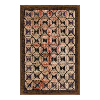 1920s Multicolor Square Folk Art Antique Amercian Hooked Rug 2' 4'' X 3' 4'' Woven Wool Carpet For Sale