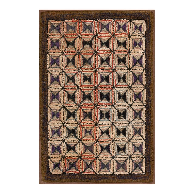 1920s Multicolor Square Folk Art Antique Amercian Hooked Rug 2' 4'' X 3' 4'' Woven Wool Carpet For Sale