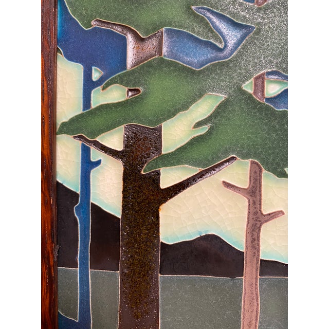 Green Motawi Tileworks Tile Triptych "Pine Landscape" in Dard Hunter Oak Frame For Sale - Image 8 of 13