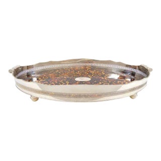 Very Large English Sheffield Footed Silver Plate High Border Serving Tray For Sale