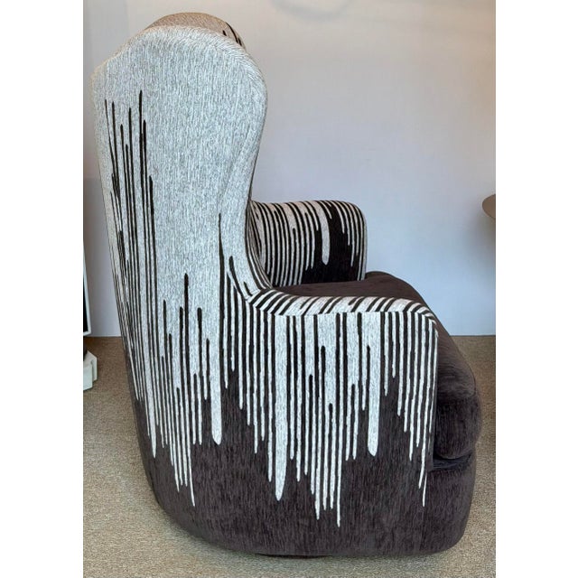 Abstract Revelation Abstract Modern Chocolate Brown and Gray Hot Wing Wingback Swivel Chairs Pair For Sale - Image 3 of 9