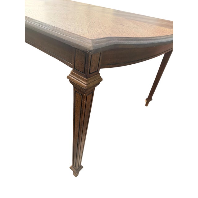 Wood Vintage Refinished Walnut Chevron Veneer Extendable Dining Table With Two Leaves For Sale - Image 7 of 10