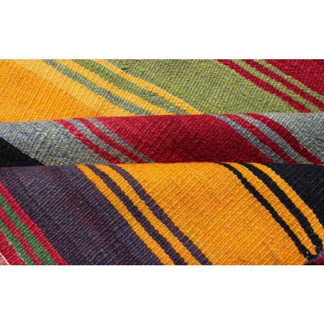 Mid 20th Century Bright & Colorful Vintage Turkish Kilim Rug in Stripes Design With Vivid Colors For Sale - Image 10 of 11