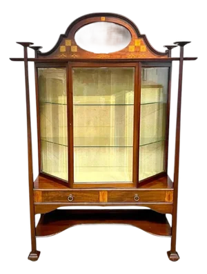 Scottish Arts and Crafts Mahogany and Fruitwood Inlay Vitrine Cabinet by Edinburgh Cabinet Maker 1903