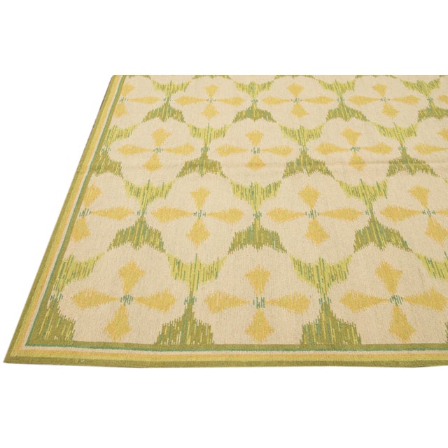 Green Vintage Portuguese Arraiolos Needlepoint Allover Pattern Green Wool Rug For Sale - Image 8 of 10
