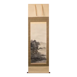 Mid 20th Century Showa Era Japanese Monochrome Watercolor Landscape Painting With Boats and Fisherman
