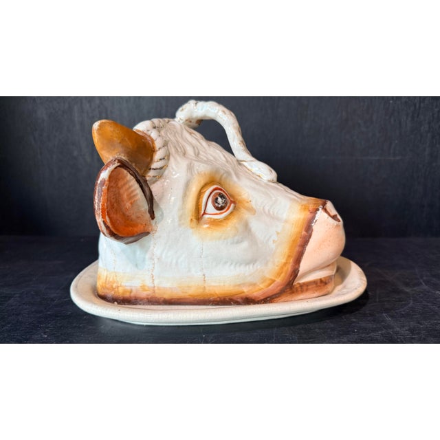 Beige Antique Staffordshire Bull Cheese Dish Keeper For Sale - Image 8 of 11