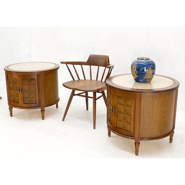 Thomasville Pair Round Drum Barrel Shape Travertine Top Two Doors End Side Tables Stand Mint For Sale - Image 4 of 13