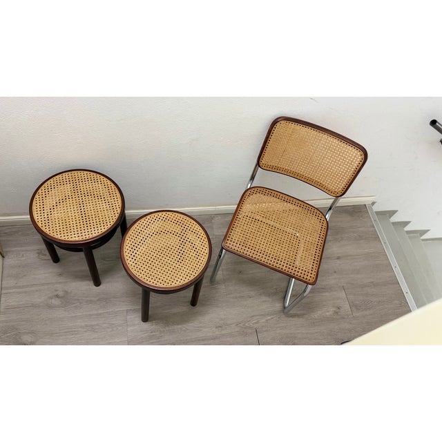 Bentwood Stools 214 with Viennese Wickerwork on Brown Wood by Thonet Brothers for Thonet, 1981, Set of 2 For Sale - Image 6 of 18