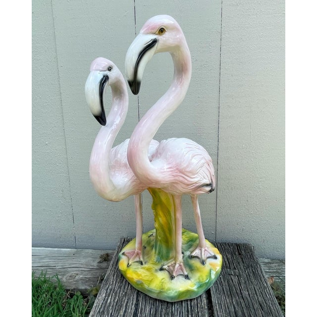 Fabulous Large Vintage Ceramic Statue of a Pair of Pink Flamingos by