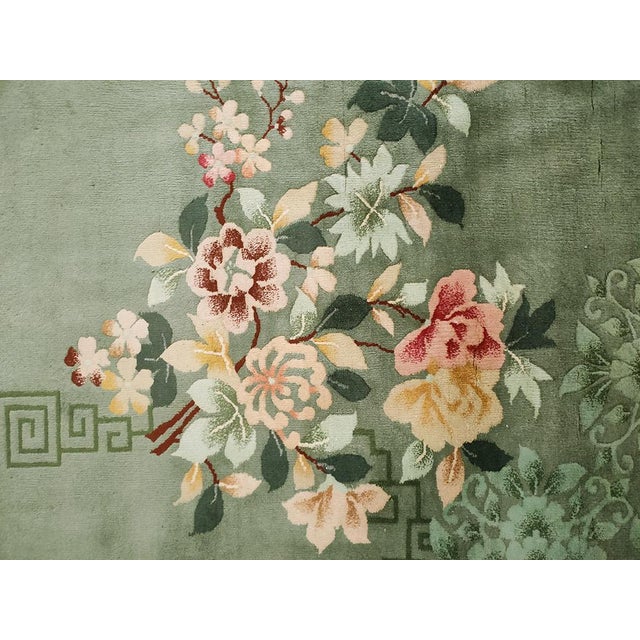 Early 20th Century 1930s Green Floral Antique Chinese Art Deco Rug 9' X 12' Handknotted Wool Carpet For Sale - Image 5 of 6