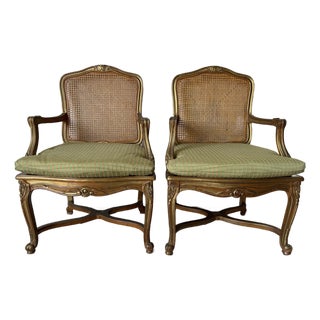 Vintage Hollywood Regency French Louis XV-Style Giltwood Cane Armchairs – A Pair For Sale
