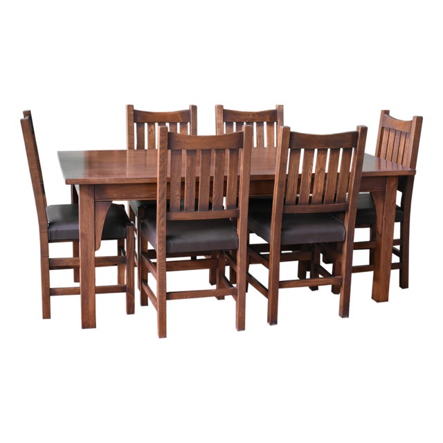 Mission 70" Solid Oak Dining Table Set With 6 Slat Back Chairs For Sale