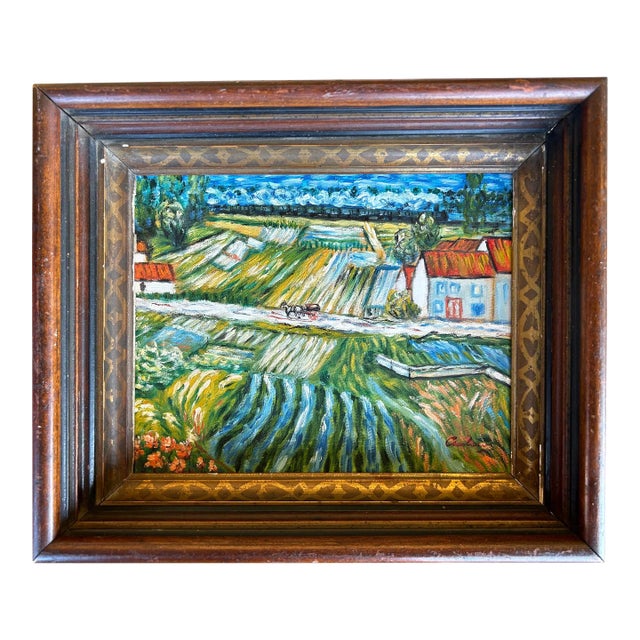 Vintage Original Impressionist Farm Landscape Painting in Antique Shadow Box Frame For Sale