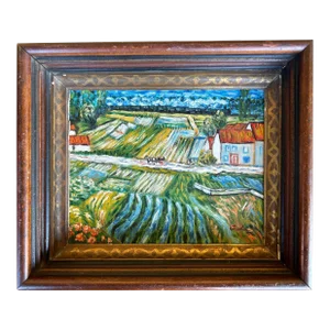 Vintage Original Impressionist Farm Landscape Painting in Antique Shadow Box Frame