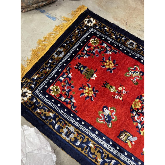1950s Vintage 1950s Chinese Art Deco Silk Rug, Red Field Floral Medallion, 4'2" X 7'1" (128cm X 216cm) For Sale - Image 5 of 5
