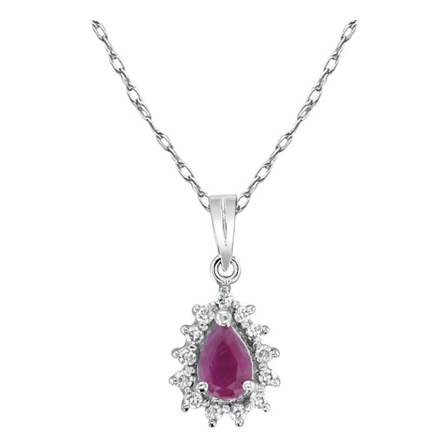 Pear Shaped Ruby Diamond Halo Necklace 14k White Gold 16" For Sale