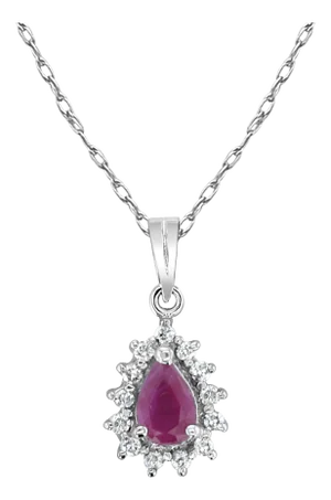 Pear Shaped Ruby Diamond Halo Necklace 14k White Gold 16"