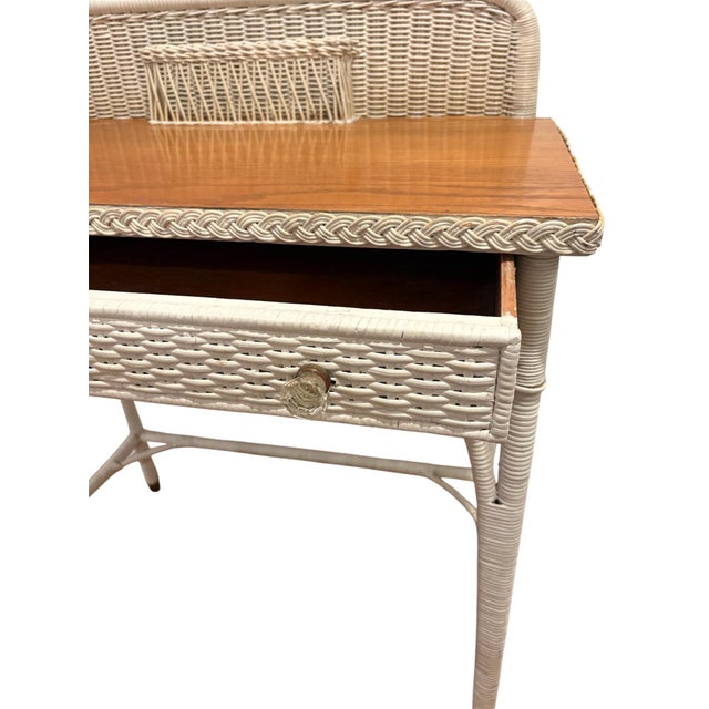 Vintage Mid Century Wicker & Wood Top Writing Desk With Drawer For Sale - Image 4 of 8