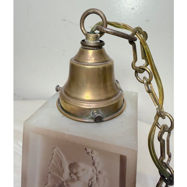 Metal Antique Art Deco Case Glass Fairy Brass Hanging Ceiling Chandelier Pendant Lamp For Sale - Image 7 of 15