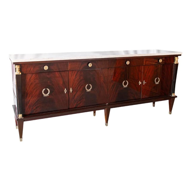 Mid 20th Century Empire Mahogany Buffet With Brass Hardware and Marble Top For Sale