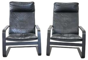 Set of Black Leather Lounge Chairs, 1970s