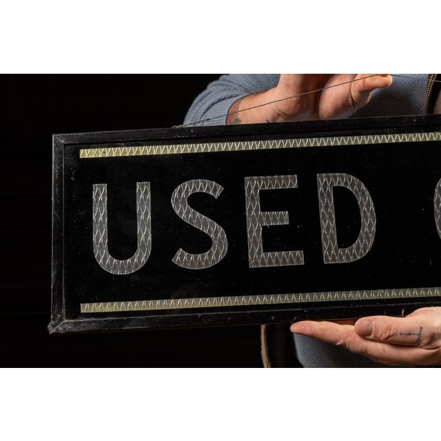 Industrial Mid 20th Century Reverse Painted Glass Used Cars Service Station Sign For Sale - Image 3 of 5