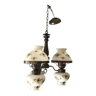 1960s Mid Century Traditional Farmhouse Chandelier in Bronze and Hand Painted Globes For Sale