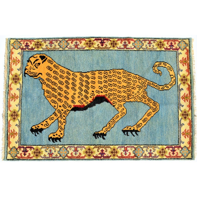 Blue Vintage Turkish Leopard Hunting Design Rug- 4′ × 6′ For Sale - Image 8 of 8