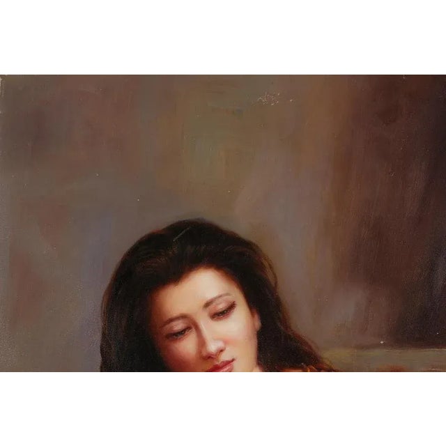 For your consideration, an untitled oil painting of woman and child or mother and child seated in formal drerss. The woman...