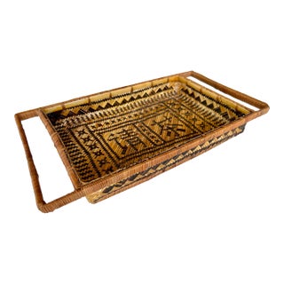 1970's Hand Woven Rattan Tea Tray With Handles - "Tea Please" in Chinese For Sale