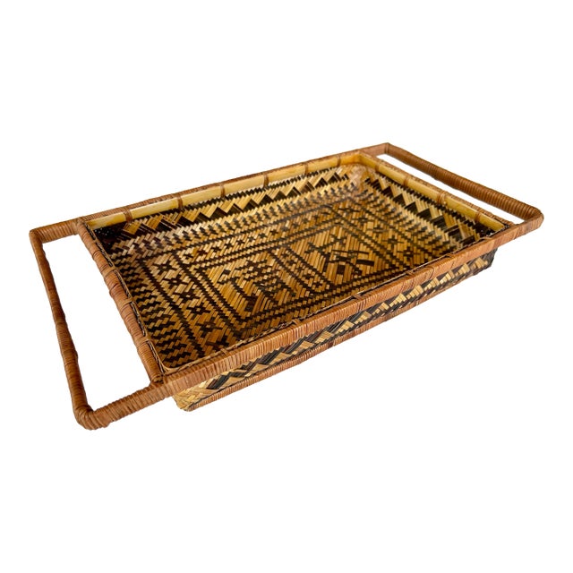 1970's Hand Woven Rattan Tea Tray With Handles - "Tea Please" in Chinese For Sale