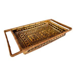 1970's Hand Woven Rattan Tea Tray With Handles - "Tea Please" in Chinese