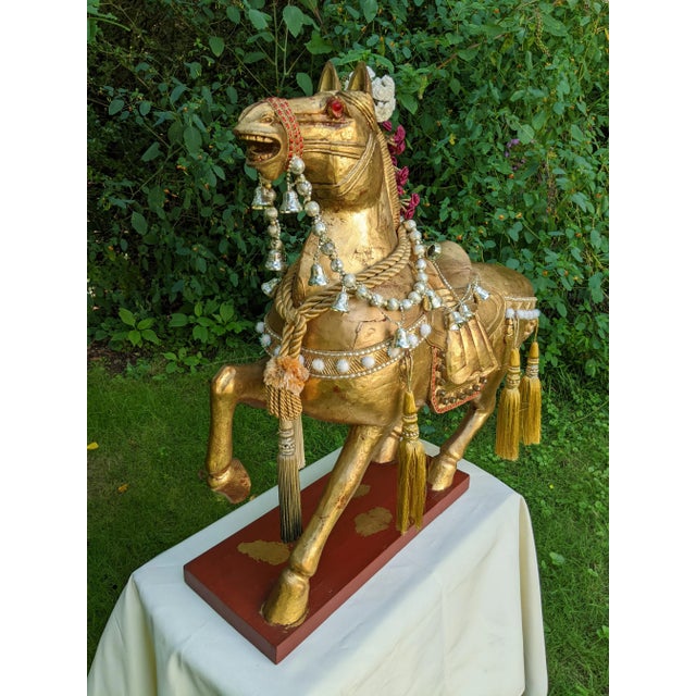 Mid 20th Century Mid 20th Century XL Chinese Hand-Carved Gilt Wood Stylized Tang Horse Sculpture Statue Figure For Sale - Image 5 of 12