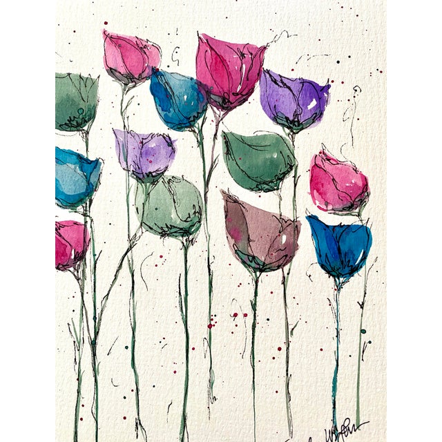 Subtle color blooms float in this painting, done in watercolor and ink.