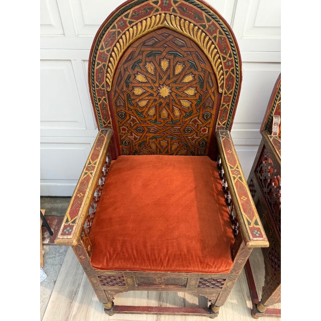 Wood Vintage Moroccan Hand-Painted Carved Wood Throne Chairs - Pair For Sale - Image 7 of 18