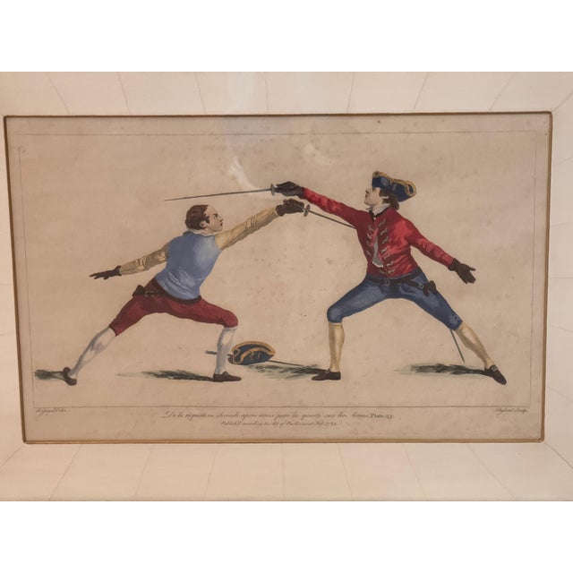 Red Set of Three Hand Colored Fencing Themed Engravings For Sale - Image 8 of 11