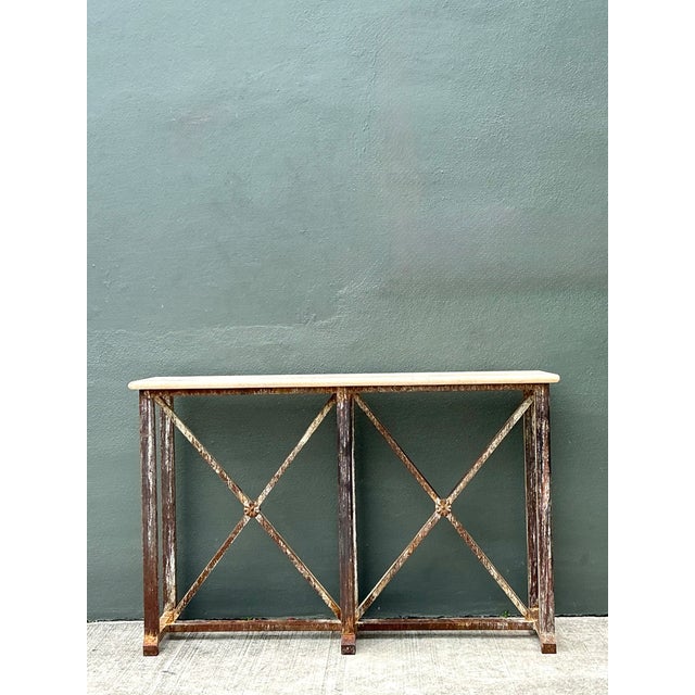 Brown Vintage Patinated Metal and Stone Console Table For Sale - Image 8 of 12